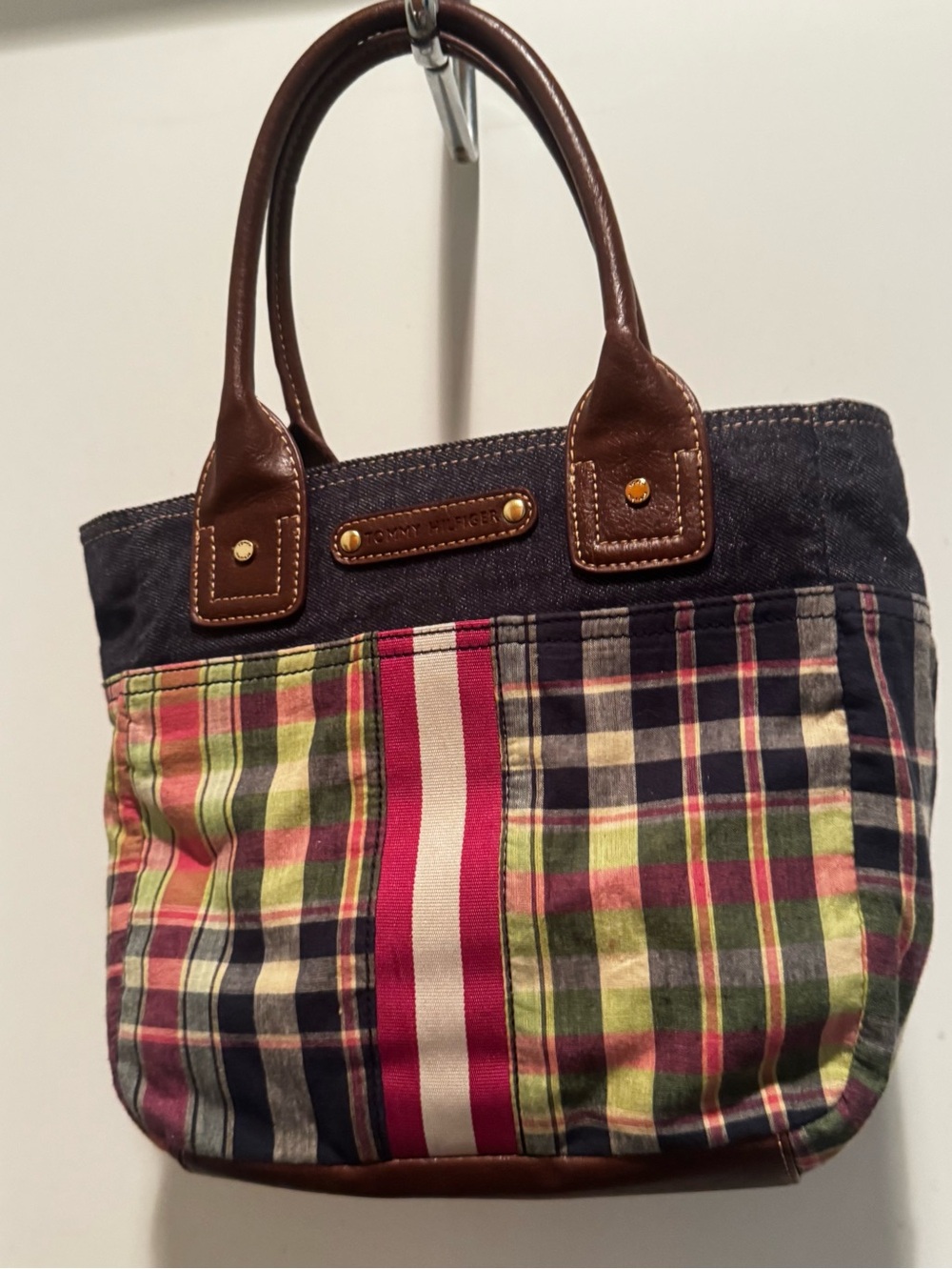 Tommy Hilfiger Navy Plaid Canvas Tote with Brown Leather Handles
